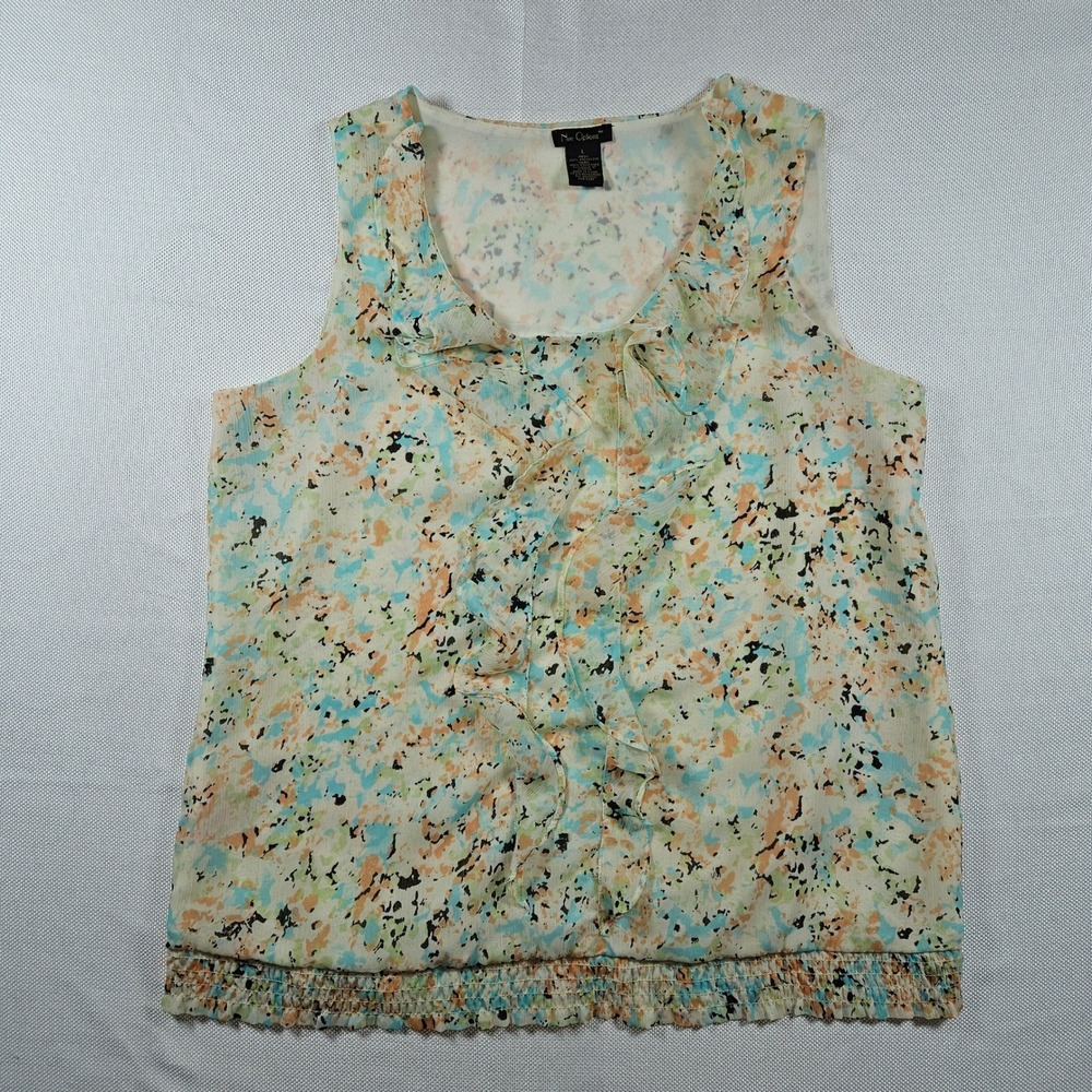 Ruffle Sleeveless Blouse Cream Multi Color Abstract Print Top Large